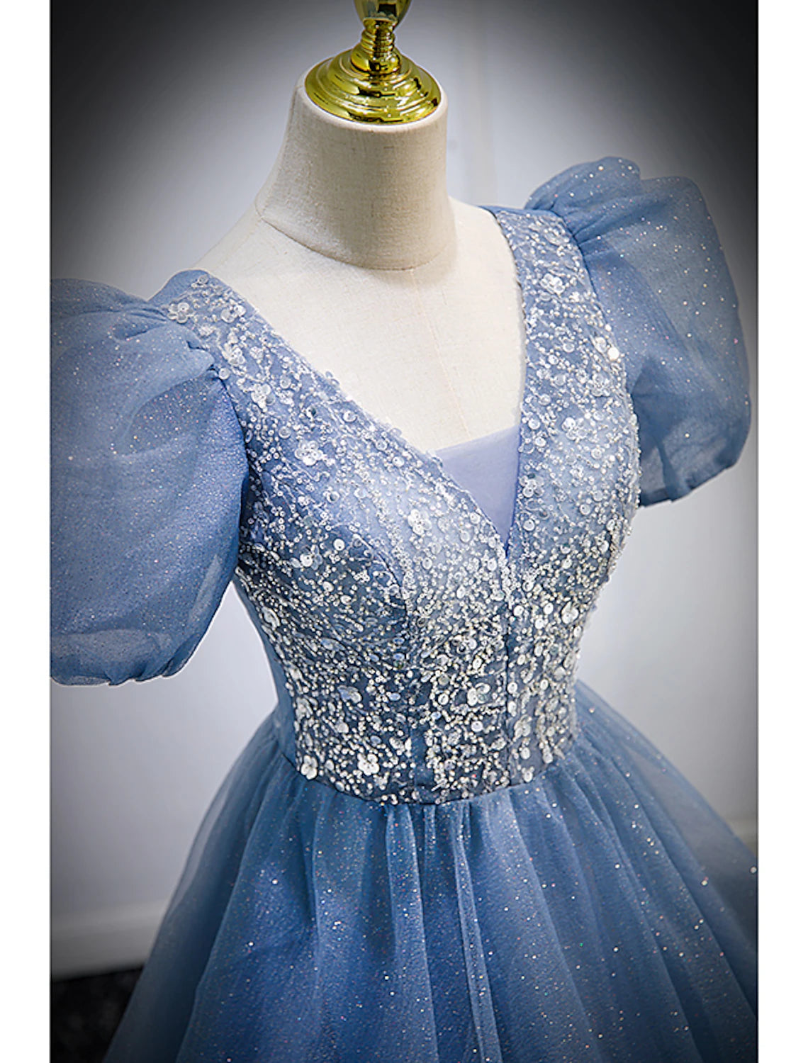 Vestidos de fiesta de corte A, vestido abullonado de quinceañera, largo hasta el suelo, manga corta, cuello en V, tul con lentejuelas